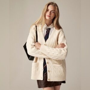 J Crew Cream Relaxed Cable Knit Cardigan Oversized Button Front Academia Preppy
